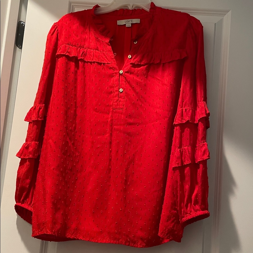 LOFT Women’s Swiss Dot Ruffle Blouse Size M Red Romantic Peasant Boho Adaptable - Picture 2 of 11